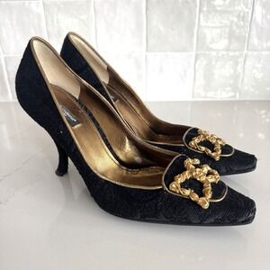 Dolce & Gabbana Baroque Black Pumps Gold DG Logo Brooch Womens 39‎ Y2K Vintage